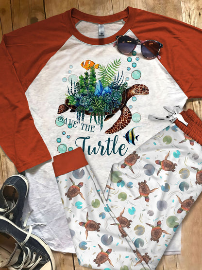 Sea Turle Save The Turtle Pajama Set |Sleepwear Pjs Sets | Raglan Shirt Pants Set