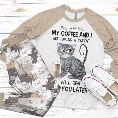 Cat Deal With You Later Cream Awesome Pajama Set |Sleepwear Pjs Sets | Raglan Shirt Pants Set