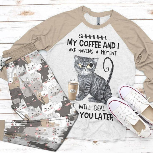 Cat Deal With You Later Cream Awesome Pajama Set |Sleepwear Pjs Sets | Raglan Shirt Pants Set
