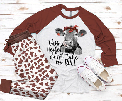 Cow Take No Bull Pajama Set |Sleepwear Pjs Sets | Raglan Shirt Pants Set