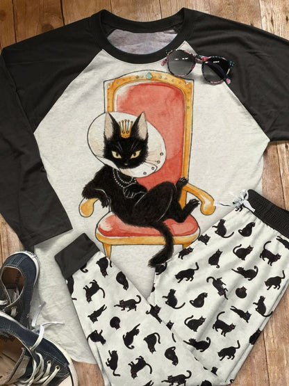 Black Cat Set Serve Me Human Pajama Set |Sleepwear Pjs Sets | Raglan Shirt Pants Set