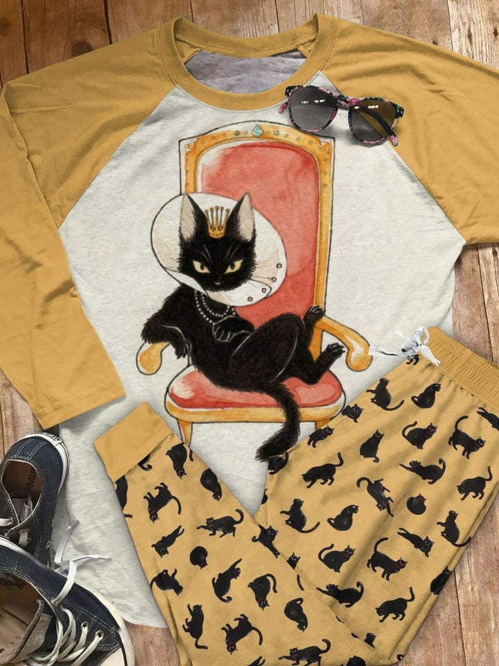 Black Cat Set Serve Me Human Pajama Set |Sleepwear Pjs Sets | Raglan Shirt Pants Set