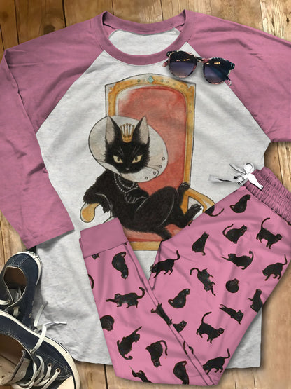 Black Cat Set Serve Me Human Pajama Set |Sleepwear Pjs Sets | Raglan Shirt Pants Set