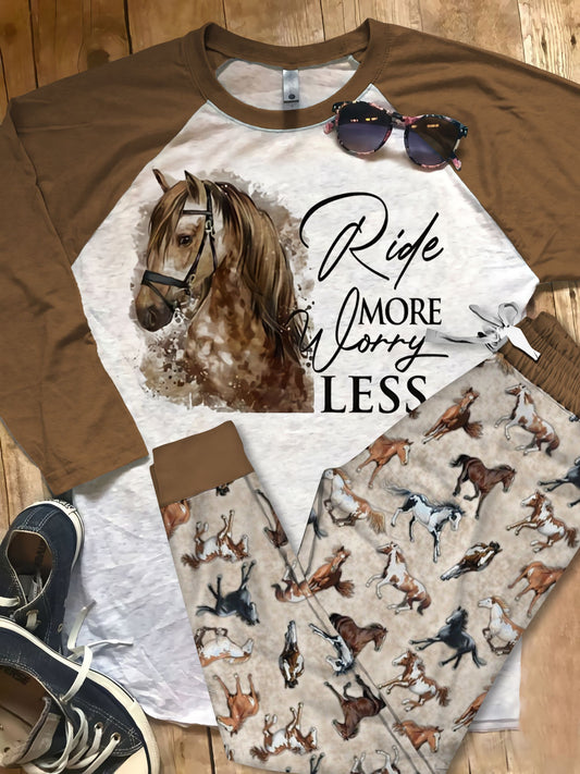 Horse Ride More, Worrry Less Pajama Set |Sleepwear Pjs Sets | Raglan Shirt Pants Set