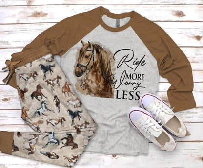 Horse Ride More, Worrry Less Pajama Set |Sleepwear Pjs Sets | Raglan Shirt Pants Set