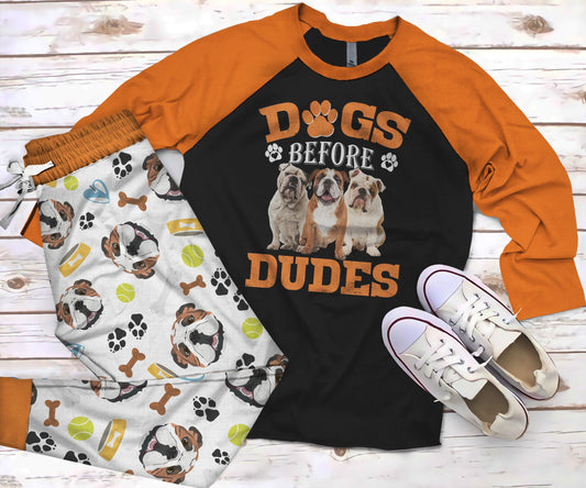 English Bulldog Dogs Before Dudes Orange Amazing Pajama Set |Sleepwear Pjs Sets | Raglan Shirt Pants Set