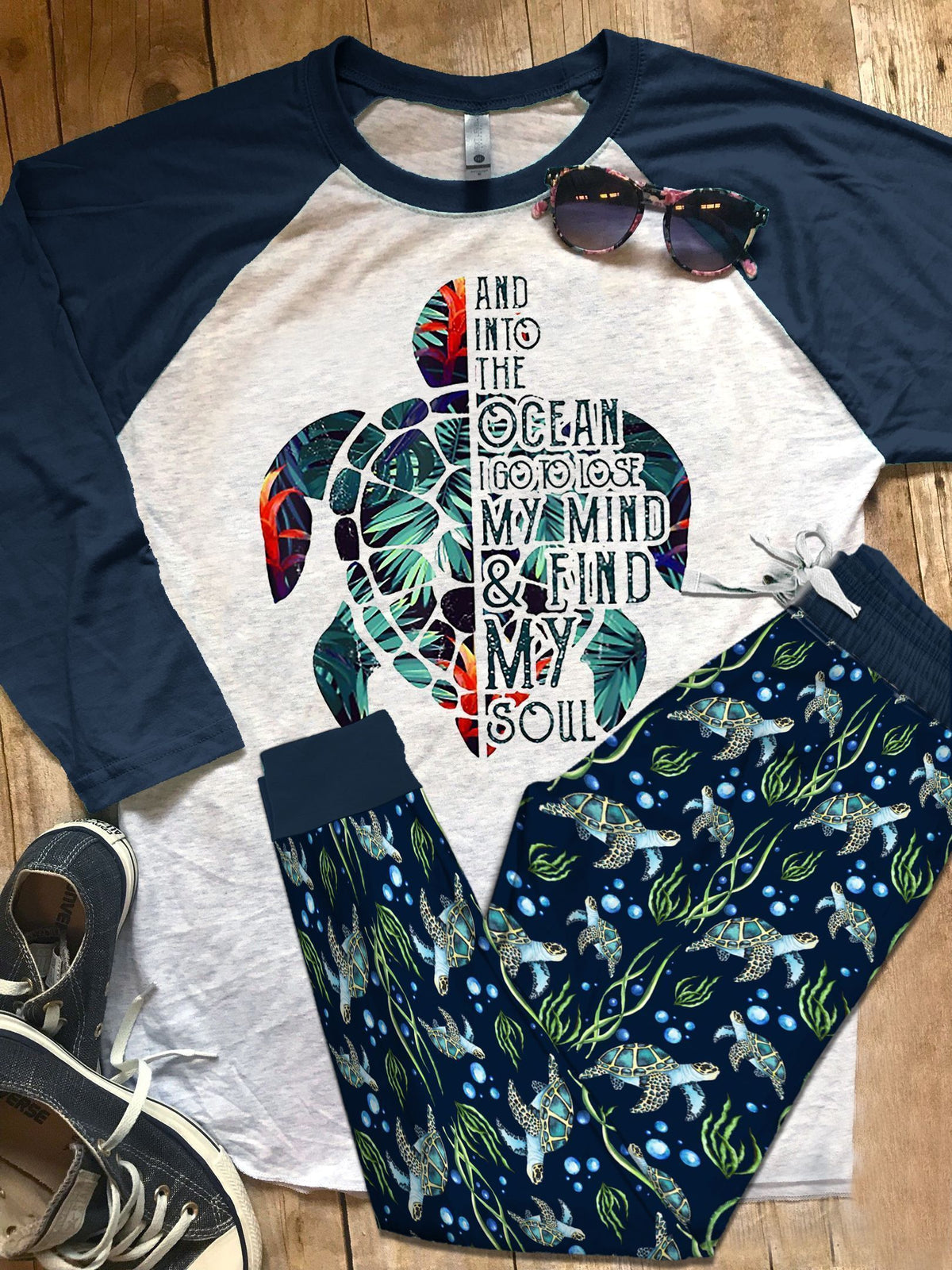 Sea Turtle Oceanica Pajama Set |Sleepwear Pjs Sets | Raglan Shirt Pants Set