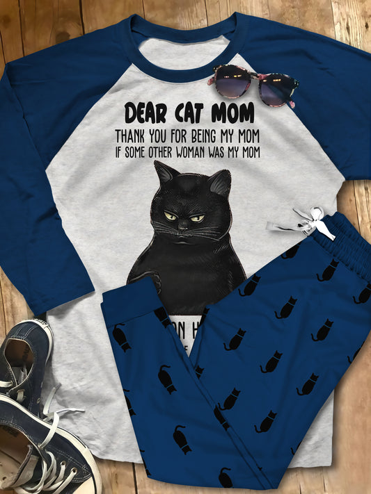 Black Cat Cat Mom Blue Unique Pajama Set |Sleepwear Pjs Sets | Raglan Shirt Pants Set