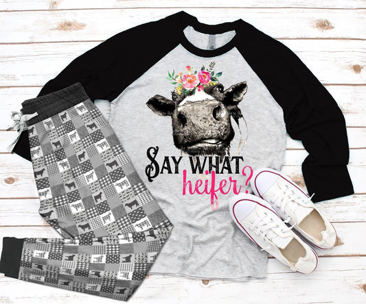 Cow Set Say What Pajama Set |Sleepwear Pjs Sets | Raglan Shirt Pants Set