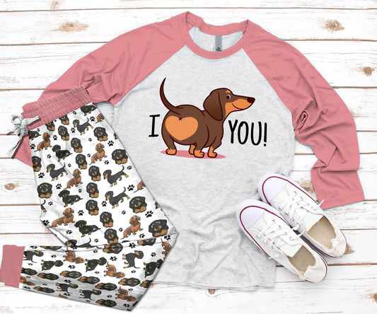 Dachshund Pink High Quality Pajama Set |Sleepwear Pjs Sets | Raglan Shirt Pants Set