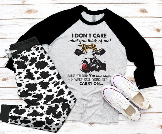 Cow Carry One Pajama Set |Sleepwear Pjs Sets | Raglan Shirt Pants Set