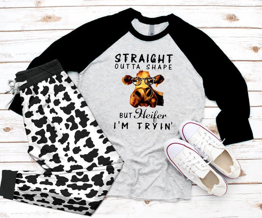 Cow I Am Tryin Black Good Pajama Set |Sleepwear Pjs Sets | Raglan Shirt Pants Set