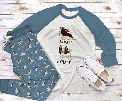 French Bulldog Yoga Blue Good Pajama Set |Sleepwear Pjs Sets | Raglan Shirt Pants Set