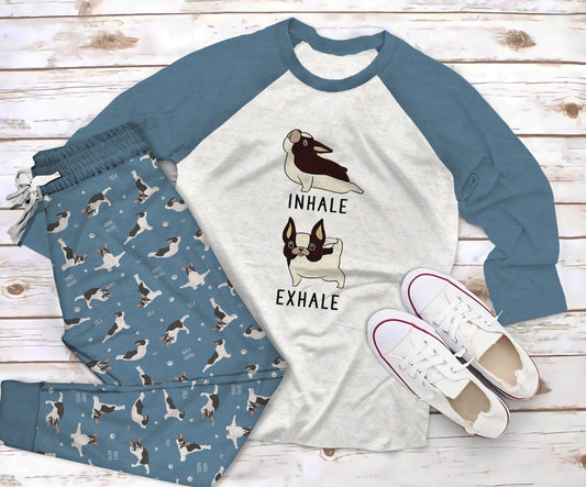 French Bulldog Yoga Blue Good Pajama Set |Sleepwear Pjs Sets | Raglan Shirt Pants Set