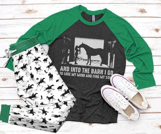 Horse With A Cute Girl Green Good Pajama Set |Sleepwear Pjs Sets | Raglan Shirt Pants Set
