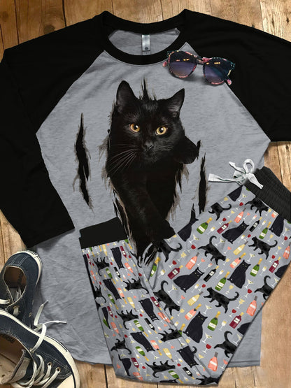 Black Cat Colors Black Best Pajama Set |Sleepwear Pjs Sets | Raglan Shirt Pants Set