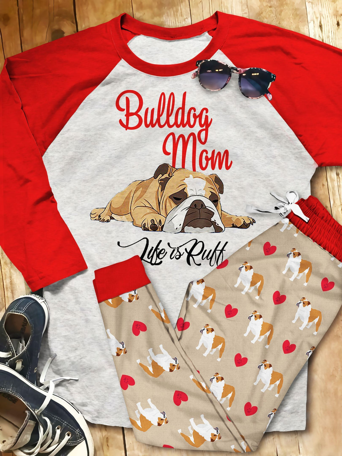 Bulldog Ruff Pajama Set |Sleepwear Pjs Sets | Raglan Shirt Pants Set