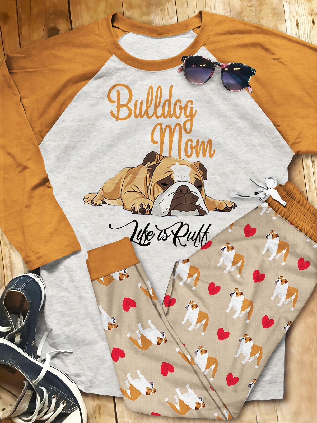 Bulldog Ruff Pajama Set |Sleepwear Pjs Sets | Raglan Shirt Pants Set