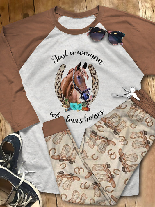 Horse Just A Women Who Loves Horse Brown Unique Pajama Set |Sleepwear Pjs Sets | Raglan Shirt Pants Set