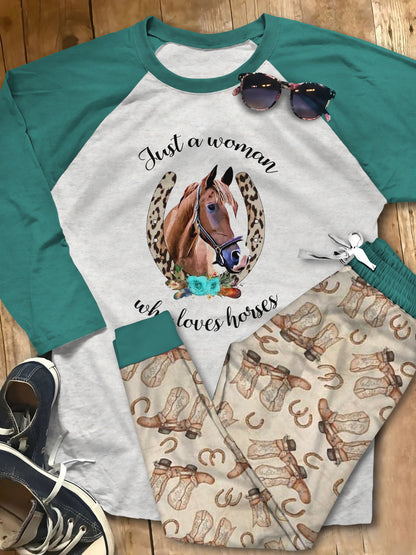 Horse Just A Women Who Loves Horse Brown Unique Pajama Set |Sleepwear Pjs Sets | Raglan Shirt Pants Set