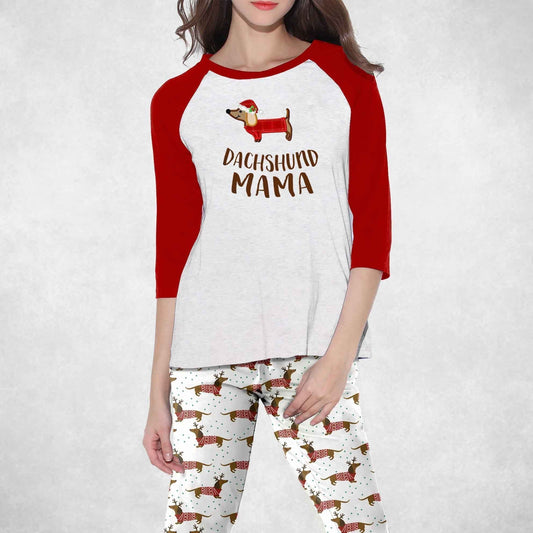 Dachshund Dachshund Mama Red Good Pajama Set |Sleepwear Pjs Sets | Raglan Shirt Pants Set