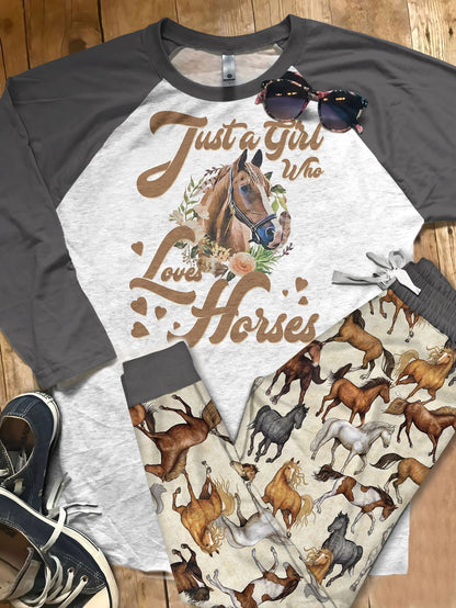 Horse Girl Loves Pajama Set |Sleepwear Pjs Sets | Raglan Shirt Pants Set