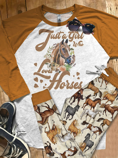 Horse Girl Loves Pajama Set |Sleepwear Pjs Sets | Raglan Shirt Pants Set