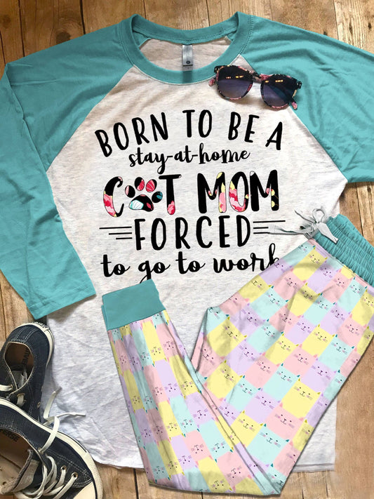 Cat Im Cat Mom Gs Pink Teal Best Pajama Set |Sleepwear Pjs Sets | Raglan Shirt Pants Set