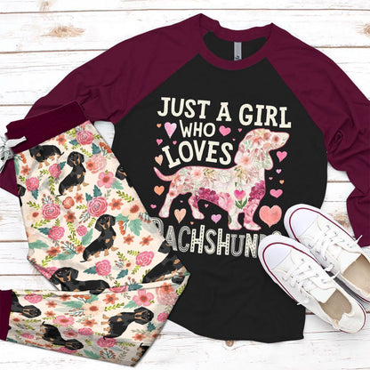 Dachshund Just A Girl Who Loves Dachshund Pajama Set |Sleepwear Pjs Sets | Raglan Shirt Pants Set