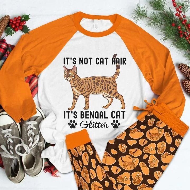 Bengal Cat Glitter Orange High Quality Pajama Set |Sleepwear Pjs Sets | Raglan Shirt Pants Set