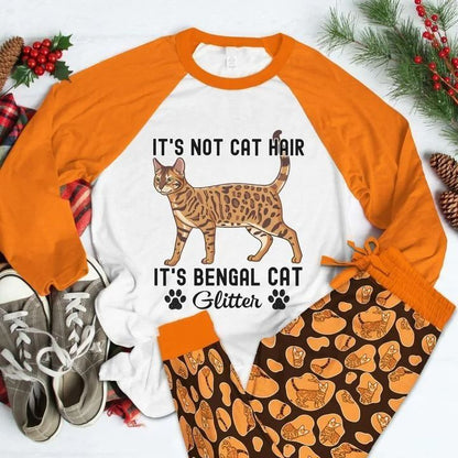 Bengal Cat Glitter Orange High Quality Pajama Set |Sleepwear Pjs Sets | Raglan Shirt Pants Set