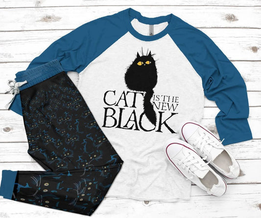 Black Cat New Blue Best Pajama Set |Sleepwear Pjs Sets | Raglan Shirt Pants Set