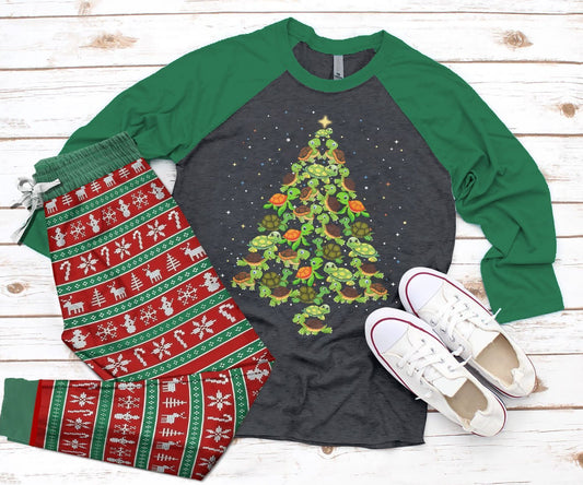 Sea Turtle Green Best Pajama Set |Sleepwear Pjs Sets | Raglan Shirt Pants Set