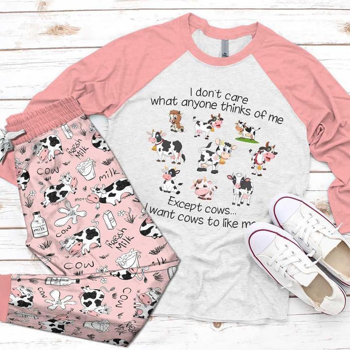 Cow The Nice Pink Amazing Pajama Set |Sleepwear Pjs Sets | Raglan Shirt Pants Set