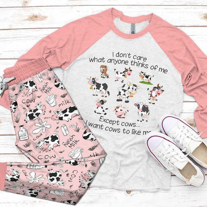 Cow The Nice Pink Amazing Pajama Set |Sleepwear Pjs Sets | Raglan Shirt Pants Set