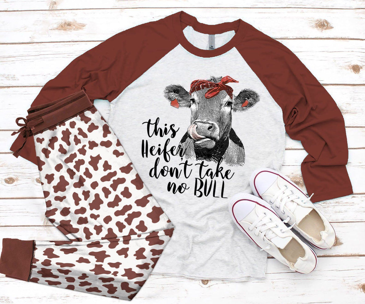Cow Take No Bull Brown High Quality Pajama Set |Sleepwear Pjs Sets | Raglan Shirt Pants Set