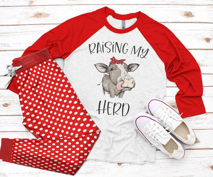 Cow Set Raising My Herd Pajama Set |Sleepwear Pjs Sets | Raglan Shirt Pants Set