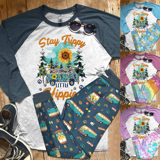 Hippie Set Stay Trippy Little Hippie Pajama Set |Sleepwear Pjs Sets | Raglan Shirt Pants Set