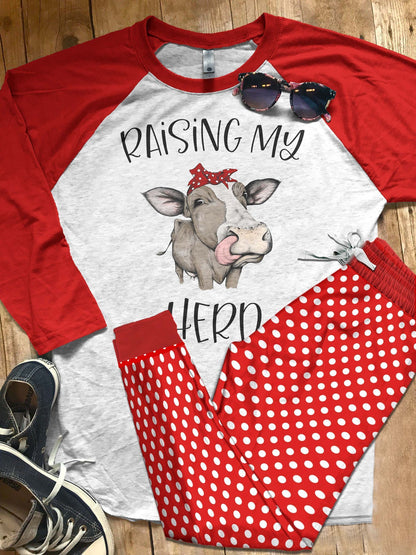 Cow Set Raising My Herd Pajama Set |Sleepwear Pjs Sets | Raglan Shirt Pants Set