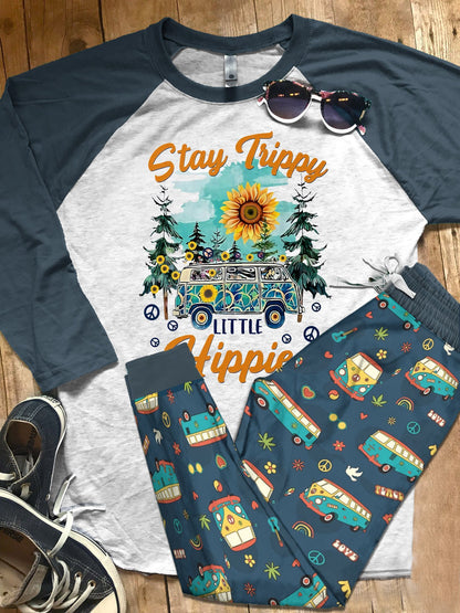 Hippie Set Stay Trippy Little Hippie Pajama Set |Sleepwear Pjs Sets | Raglan Shirt Pants Set