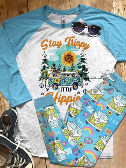 Hippie Set Stay Trippy Little Hippie Pajama Set |Sleepwear Pjs Sets | Raglan Shirt Pants Set