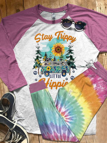 Hippie Set Stay Trippy Little Hippie Pajama Set |Sleepwear Pjs Sets | Raglan Shirt Pants Set