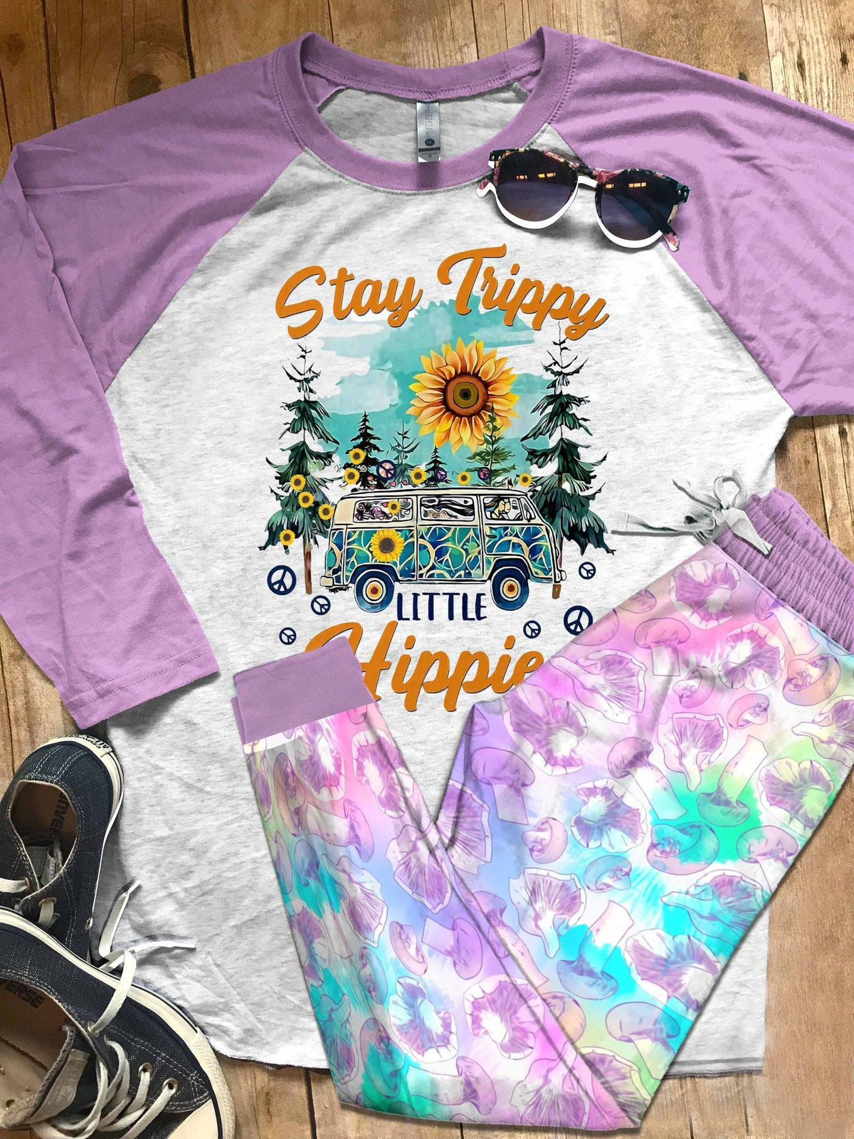 Hippie Set Stay Trippy Little Hippie Pajama Set |Sleepwear Pjs Sets | Raglan Shirt Pants Set