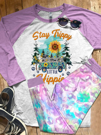 Hippie Set Stay Trippy Little Hippie Pajama Set |Sleepwear Pjs Sets | Raglan Shirt Pants Set