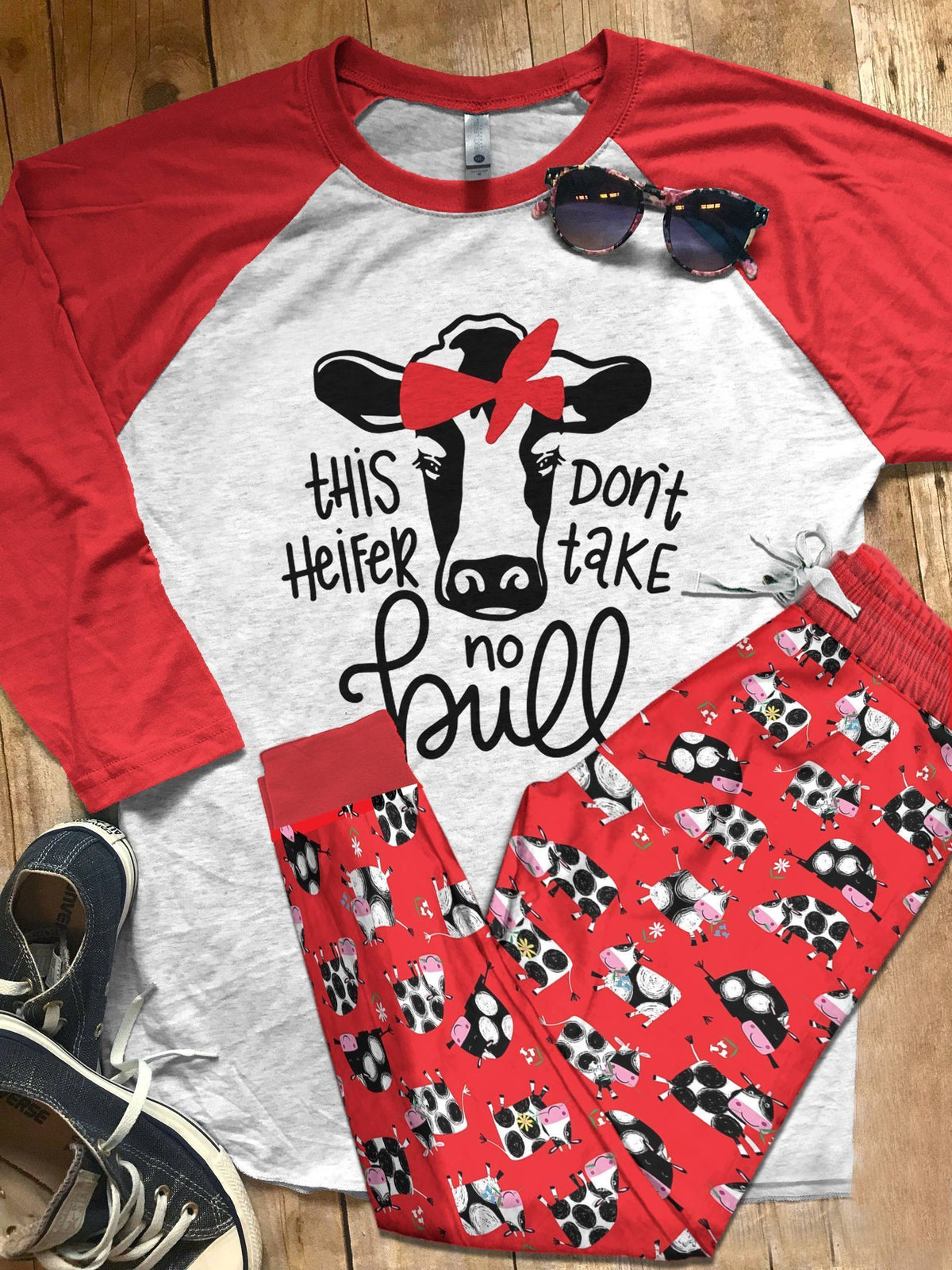 Cow Set This Heifer Don'T Take No Bull Pajama Set |Sleepwear Pjs Sets | Raglan Shirt Pants Set