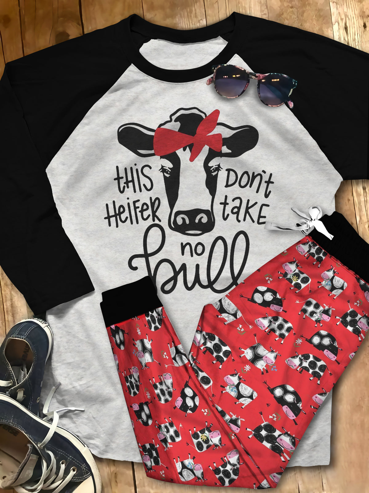 Cow Set This Heifer Don'T Take No Bull Pajama Set |Sleepwear Pjs Sets | Raglan Shirt Pants Set