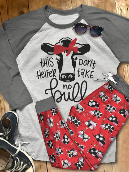 Cow Set This Heifer Don'T Take No Bull Pajama Set |Sleepwear Pjs Sets | Raglan Shirt Pants Set