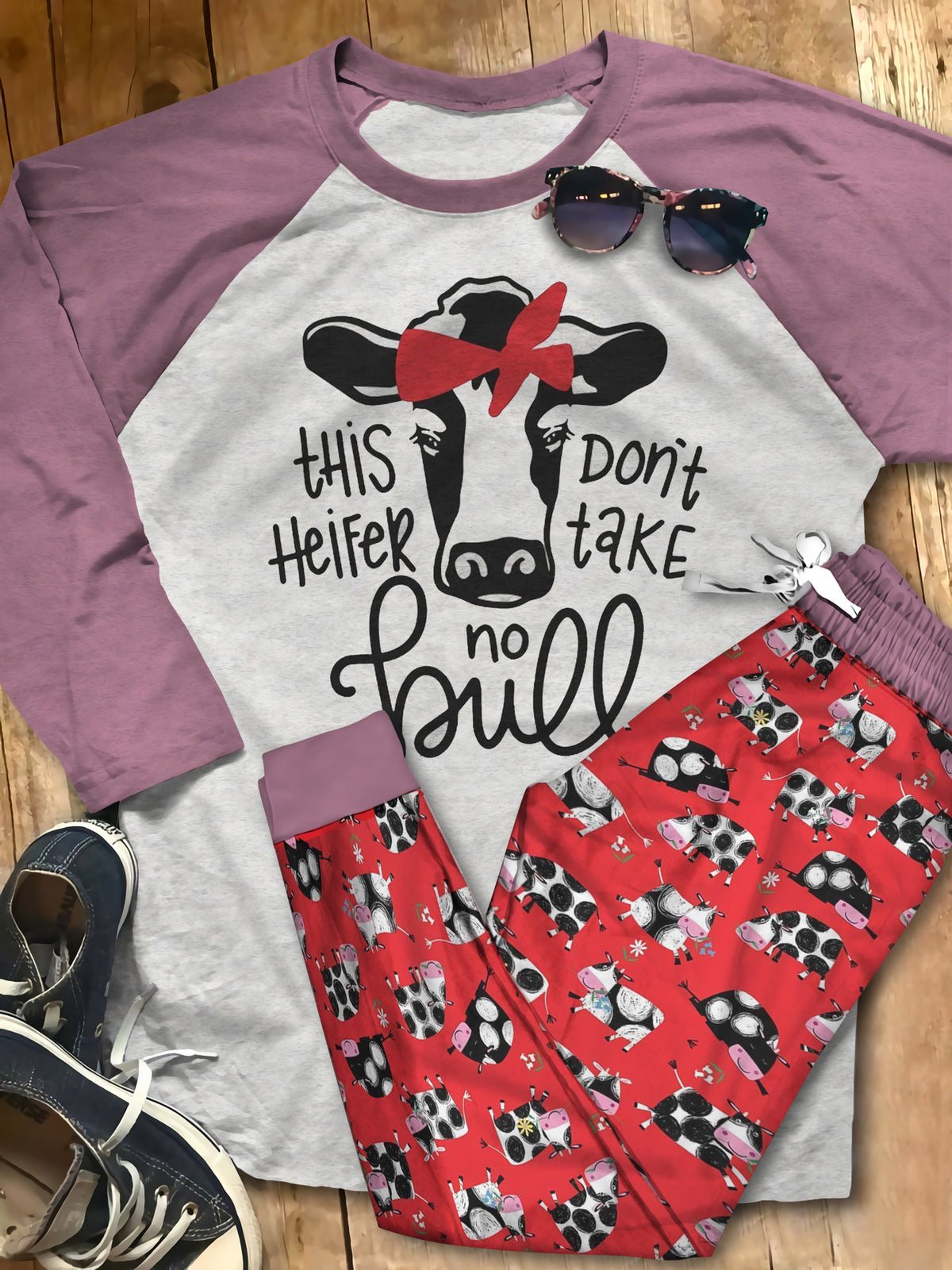 Cow Set This Heifer Don'T Take No Bull Pajama Set |Sleepwear Pjs Sets | Raglan Shirt Pants Set