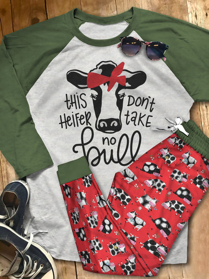 Cow Set This Heifer Don'T Take No Bull Pajama Set |Sleepwear Pjs Sets | Raglan Shirt Pants Set