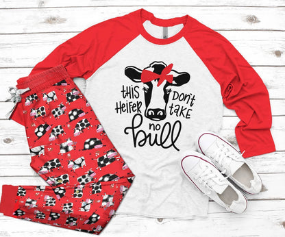 Cow Set This Heifer Don'T Take No Bull Pajama Set |Sleepwear Pjs Sets | Raglan Shirt Pants Set